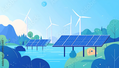 A stylized scene featuring solar panels on water and wind turbines against a mountain and blue sky