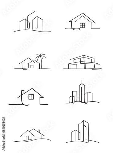 One Line Art Real Estate Logo Collection — Minimalist 8 Logo Template Vector