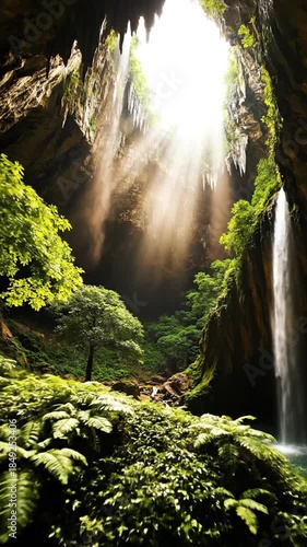 Dramatic cave interior with sunlight streams waterfall lush vegetation natural environment illustration