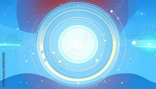 Abstract art featuring concentric circles, dots, lines and blue gradations in painterly style