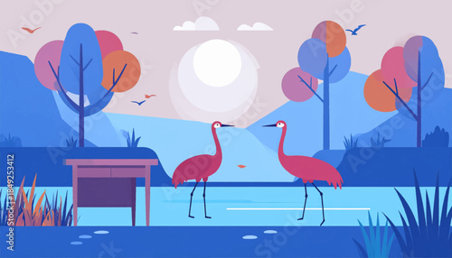 A stylized scene of two cranes standing in water with trees and clouds