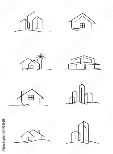 One Line Art Real Estate Logo Collection — Minimalist 8 Logo Template Vector