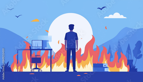 Abstract art Man stands before office engulfed in flames, sky with birds & mountains visible