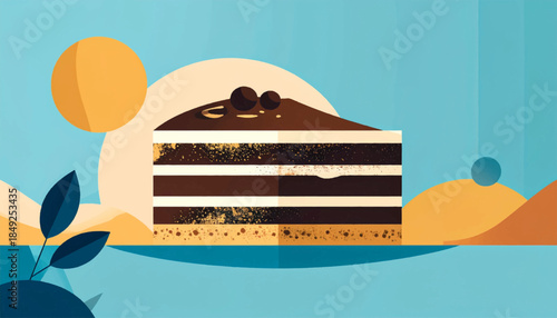 A layered chocolate cake graphic stands against an abstract blue, yellow, and cream colored backdrop