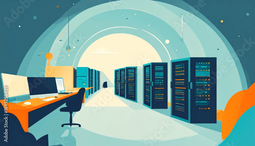 A stylized server room with computers, monitors, and multiple server racks in cool blues and oranges tones