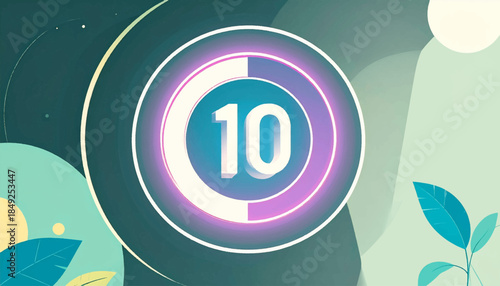 Abstract digital art featuring number '10' in a circle against organic shapes with muted, nature-inspired colors