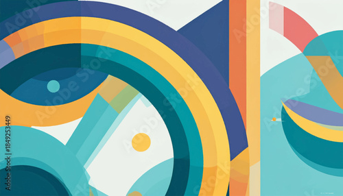 Abstract art overlapping circles and linear shapes with a palette of cool blues, yellows, and oranges
