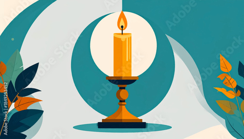 A lit candle on a stand, surrounded by leafy foliage against an abstract backdrop