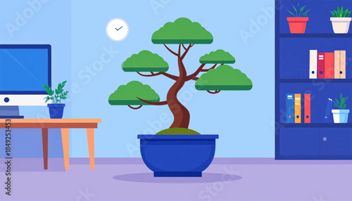 A stylized, simplified illustration of a workspace with furniture, a computer and a potted bonsai tree
