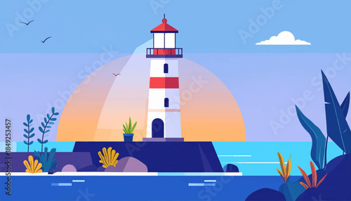 A lighthouse stands on a rocky islet as birds fly past, all silhouetted by the rising sun on a blue sea