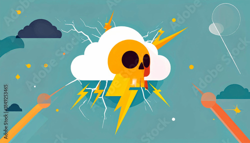 A stylized skull in a storm cloud with lightning and abstract shapes, on a turquoise background
