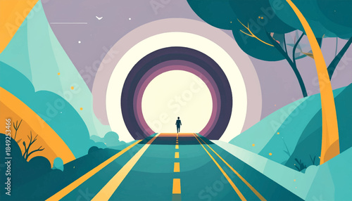A lone figure walks toward a glowing portal on a road amidst stylized, angular landscape