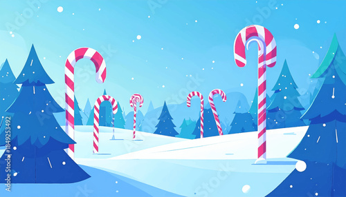 A stylized, snowy scene featuring candy canes amidst evergreens under a light blue sky with gently falling snow