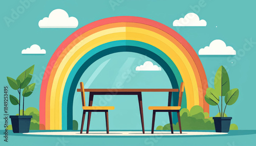 A stylized table and chairs sit beneath a rainbow, set against a teal sky dotted with fluffy white clouds