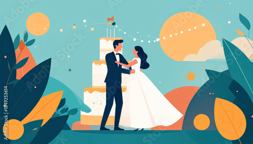 A stylized wedding illustration shows a couple dancing in front of a cake against a teal and orange backdrop