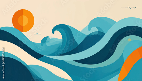 Abstract sea waves with warm sun, rendered in a bold, flat design with earthy tones