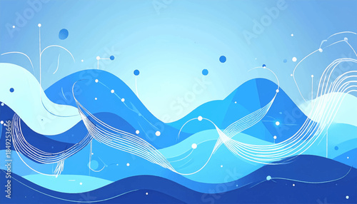 Abstract seascape in blue hues with wavy patterns and dots; stylized