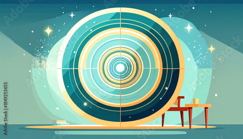 Abstract serene bedroom scene with star-filled sky and circular window