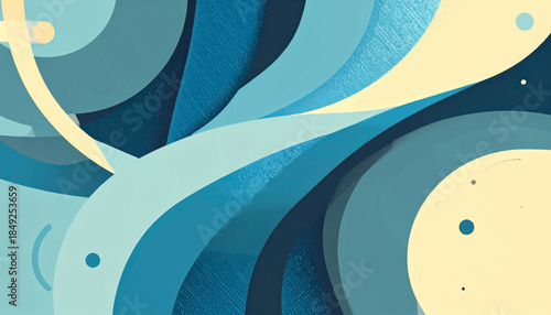 Abstract shapes and curves in shades of blue and yellow create a serene, modern composition