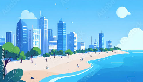 A sunny city skyline by the beach, featuring blue tones and stylized water and trees