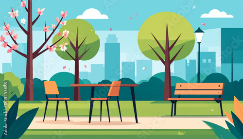 A sunny park scene with a table, chairs, bench, trees, and buildings in the background