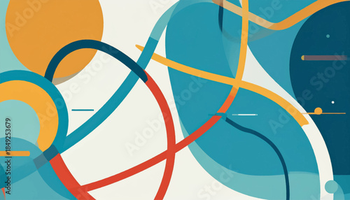 Abstract shapes in blue, orange, white, red, and yellow overlap and intersect in a playful composition