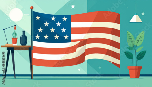 An American flag stands in a room with a table, plants, and stylized sunshine