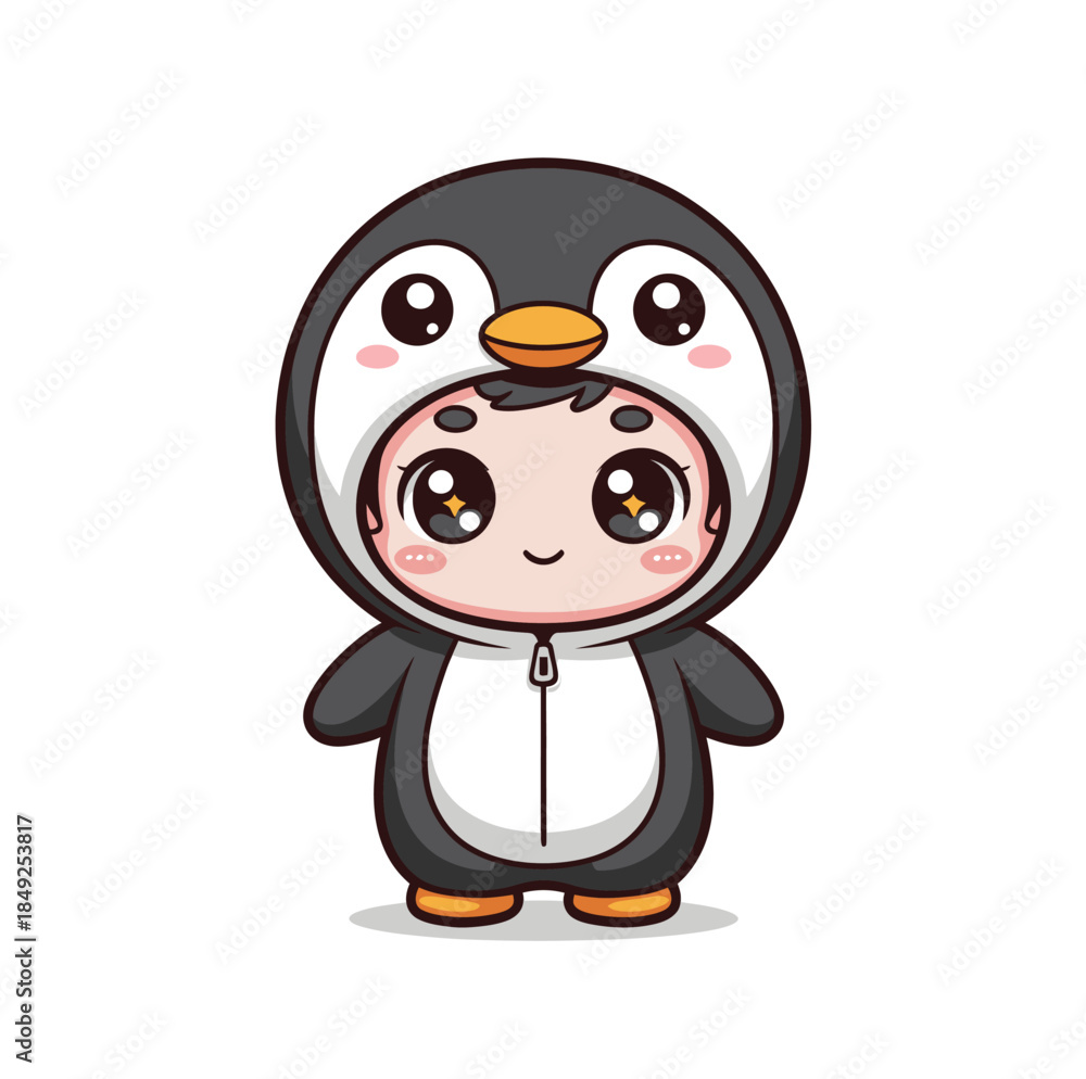 Obraz premium Cute Penguin Costume Kid | Kawaii Chibi Winter Cartoon Illustration