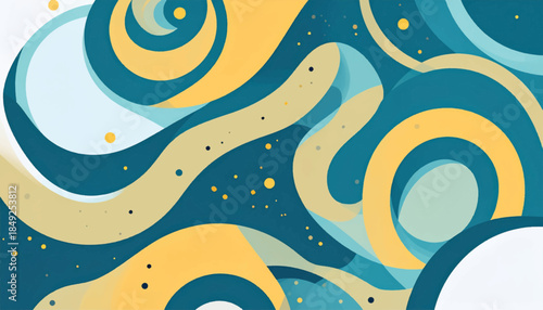 Abstract swirls and dots create a textured backdrop with a flowing, organic feel in blue, tan, and yellow
