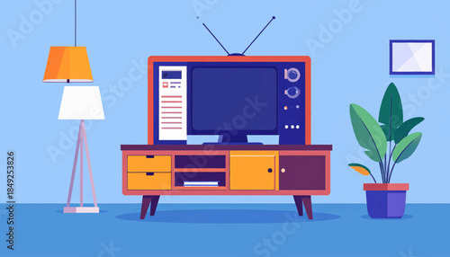 A vintage TV sits on a mid-century modern cabinet in a retro living room scene with lamps and a plant