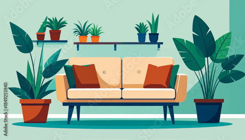 An illustration of a beige sofa surrounded by houseplants against a teal wall with shelves