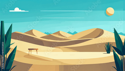 A warm desert scene with tall dunes, minimal vegetation, bright sun, pale-blue sky, and a lonely table on the sand