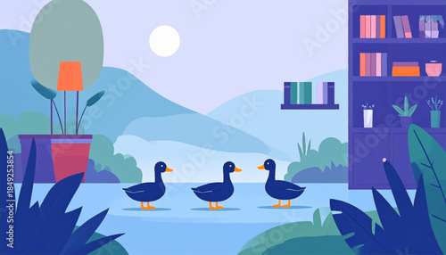 An illustration featuring three blue ducks on water, a plant pot, and a bookcase against a mountain backdrop