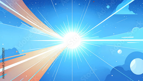 A vibrant sky bursts with light, featuring clouds and a starscape in varied hues of blue and peach