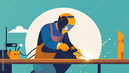 A welder in a helmet and apron is welding metal with sparks and a welding machine in the background