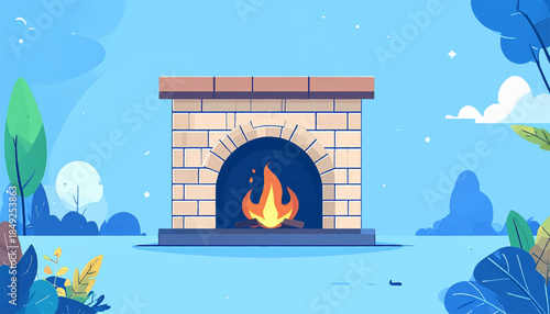 An illustration of a brick fireplace with a roaring fire, surrounded by stylized nature elements