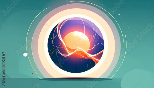 Abstract Teal backdrop, circle with interior scene of light orb and abstract forms within rings