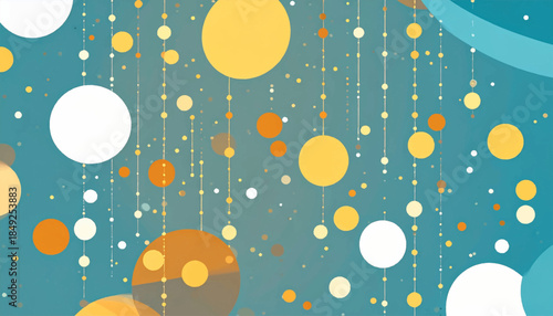 Abstract teal background with hanging strings of beads and large circles in shades of white, yellow, and orange