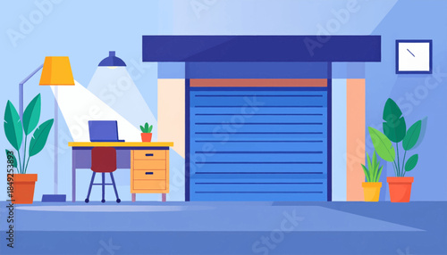 Bright cartoon office space with a desk, plants, lamps, chair and a closed shutter door on a blue background