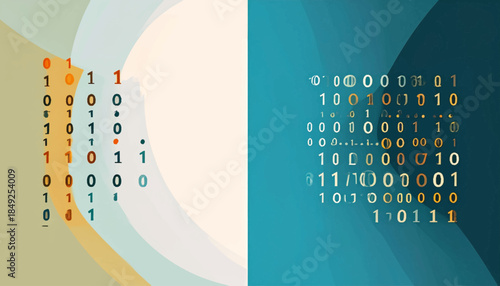 Binary code art, split-tone background with layered shapes, digital aesthetics and painted textures, warm and cool contrasts