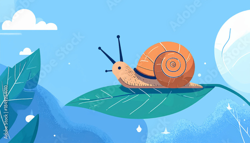 An illustration of a snail on a leaf with blue, cloud, and white background