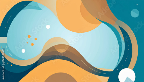 Abstract graphic with flowing shapes and cool, warm color palette in hues of blue and orange