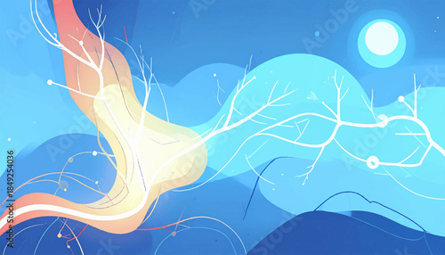 Abstract winter scene with bare branches, round moon, flowing lines, & cool blue color palette, suggestive of cold weather