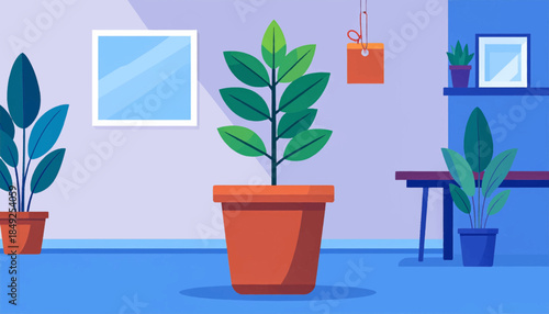 An illustration of an indoor scene with plants, pictures and a table in pastel colors