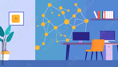 Bright, cartoon style home office setup with a plant, clock and network of orange dots