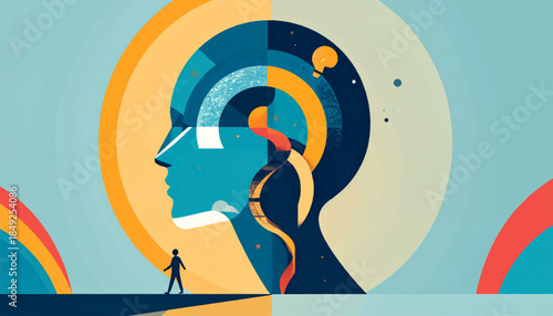 Abstract head profile with colorful elements, and a small figure walking on a path