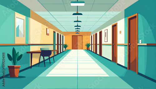 Bright, cartoon-style illustration of a long office corridor with potted plants and doors on either side