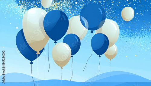 Blue and cream balloons float against a festive light blue confetti background with simple blue hills
