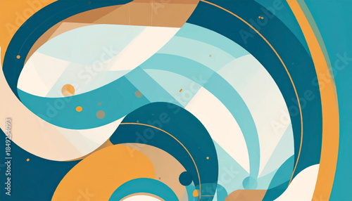 Abstract composition with curved lines, geometric shapes, and a blue-orange-cream palette