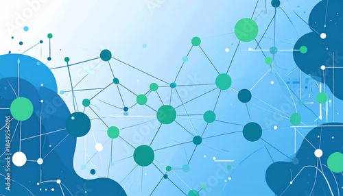 Blue and green abstract tech network on a blurred background with geometric shapes and connected nodes